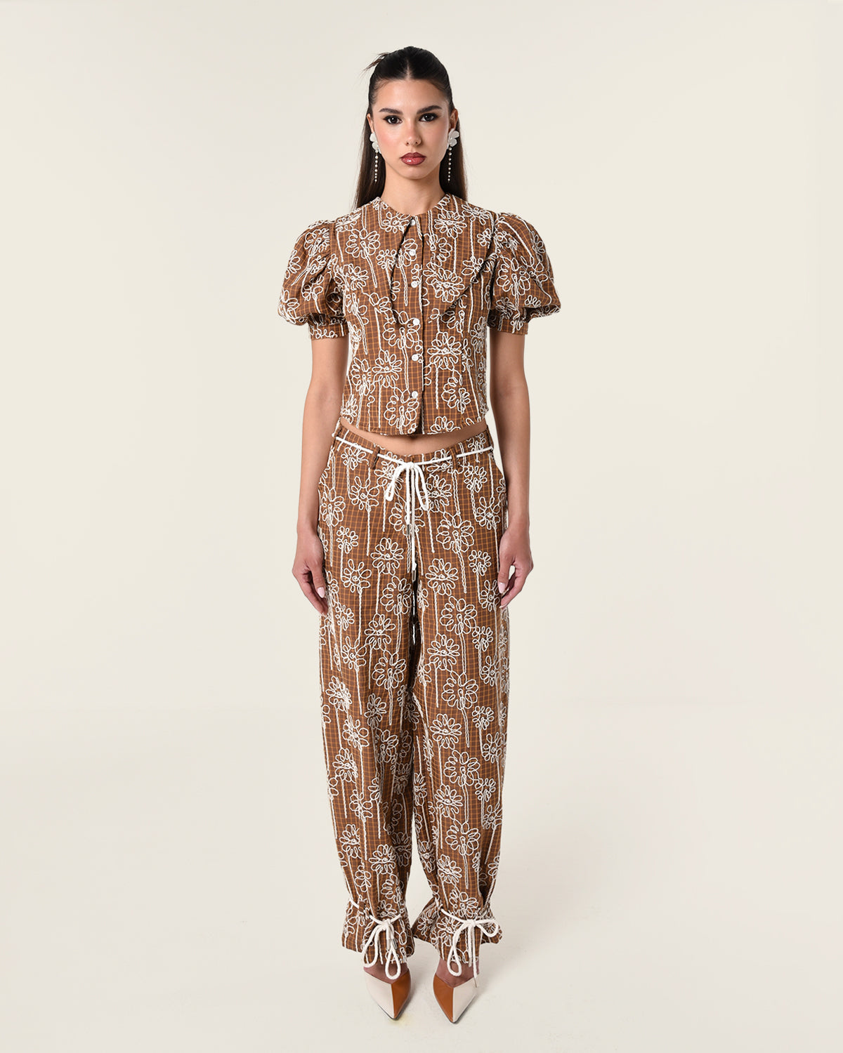 Embroidered Puff Sleeve Button-Up Top - Brown