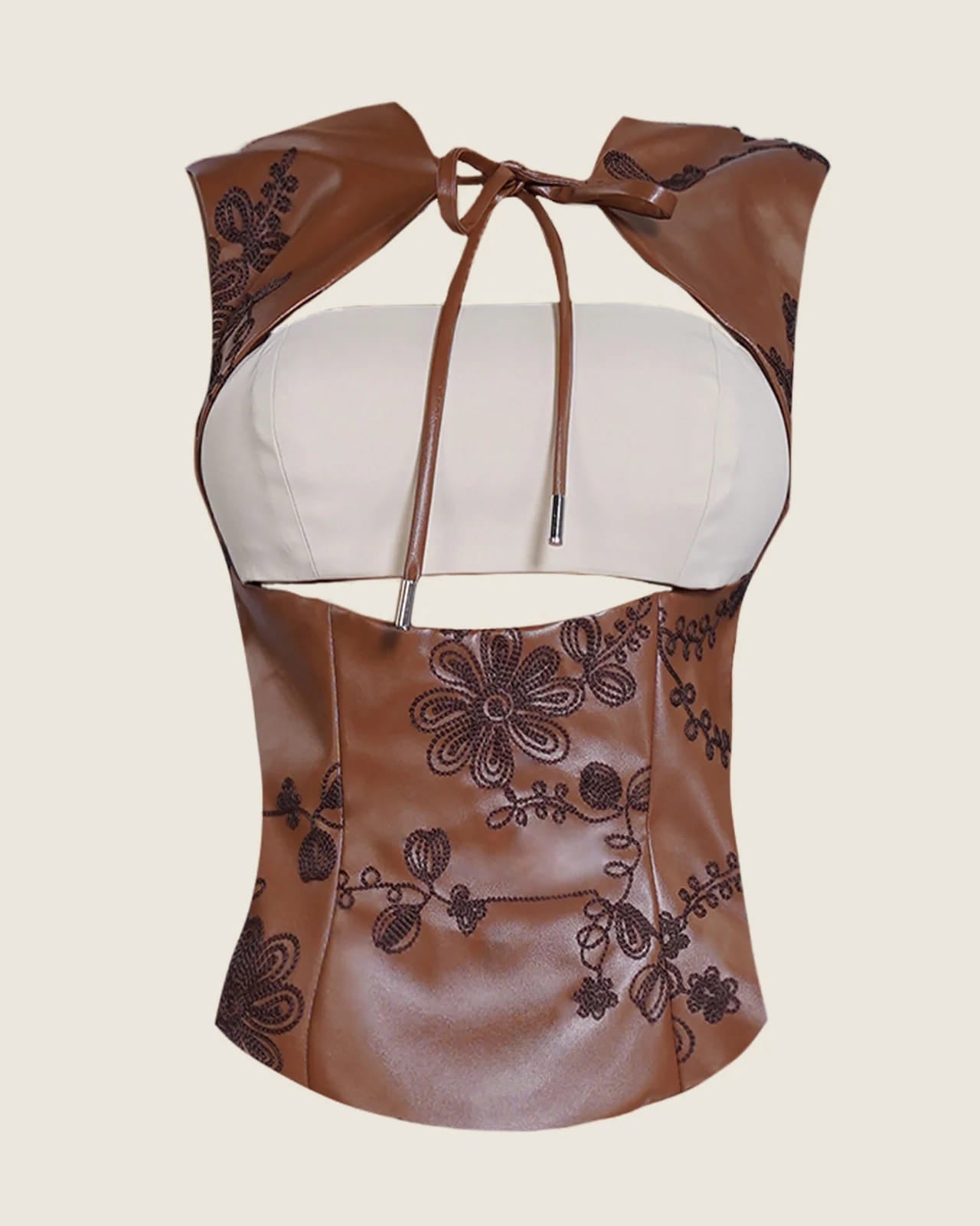 Floral Embroidered Leather Bandeau Top – Brown