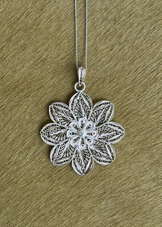 Silver Filigree Flower Pendant Necklace
