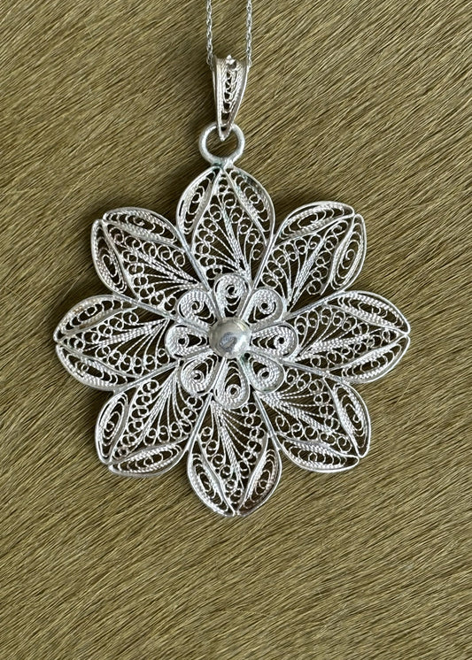 Silver Filigree Flower Pendant Necklace