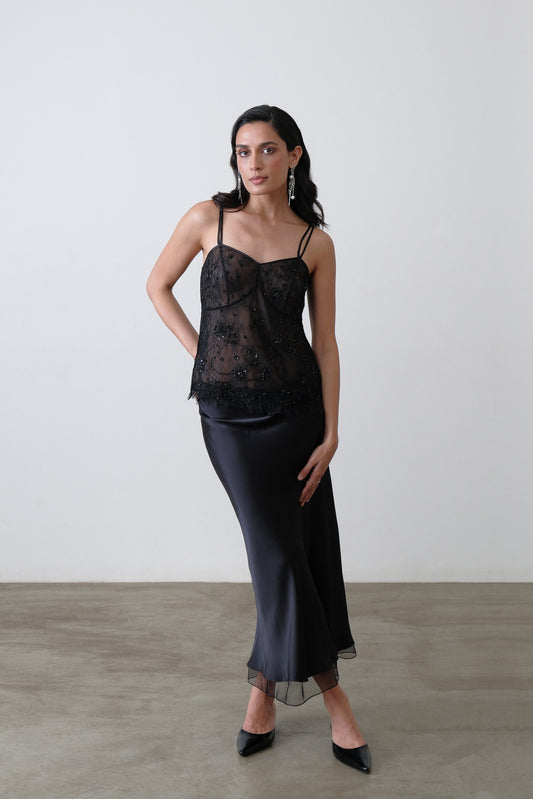 Black Silk Satin Bias Skirt
