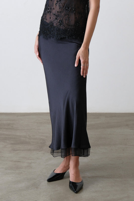 Black Silk Satin Bias Skirt