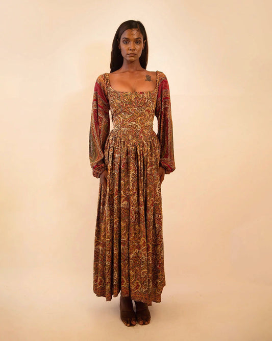 lra Brown Paisley Silk Corset Dress