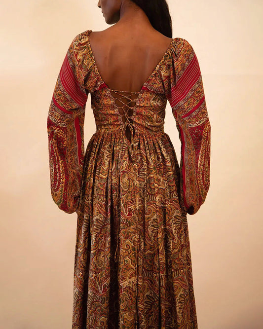 lra Brown Paisley Silk Corset Dress