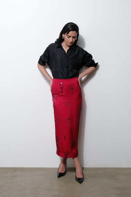 Dark Red Embroidered Silk Midi Skirt