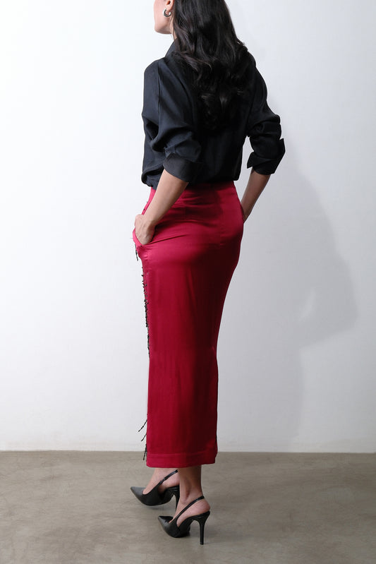 Dark Red Embroidered Silk Midi Skirt