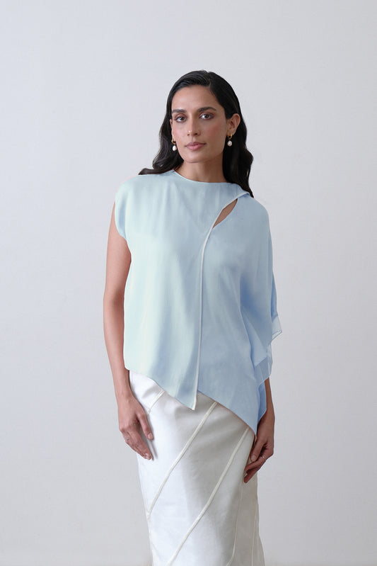 Powder Blue Satin Draped Scarf Top