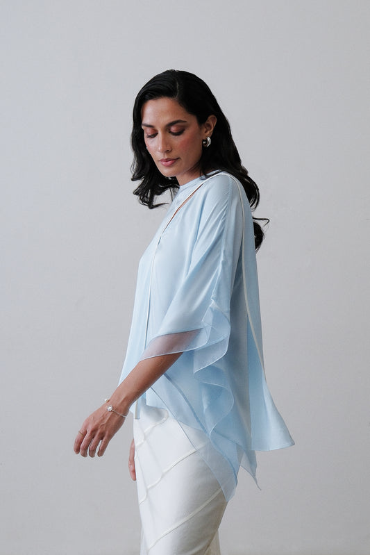 Powder Blue Satin Draped Scarf Top
