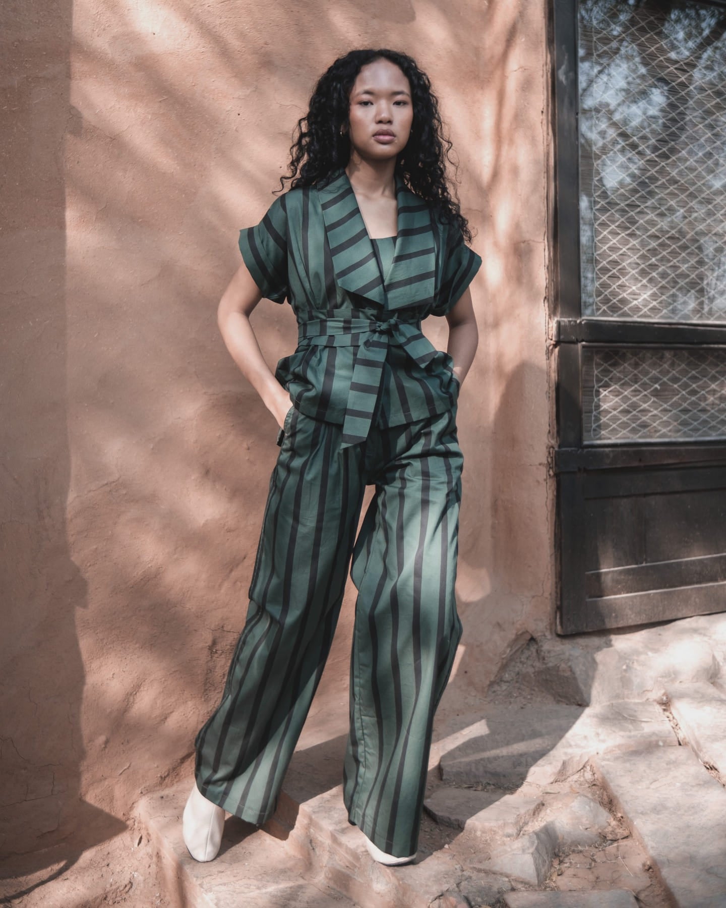 Berlin Shawl collar Top - Green Stripes