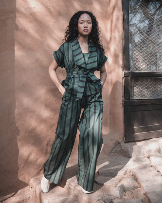 Berlin Shawl collar Top - Green Stripes