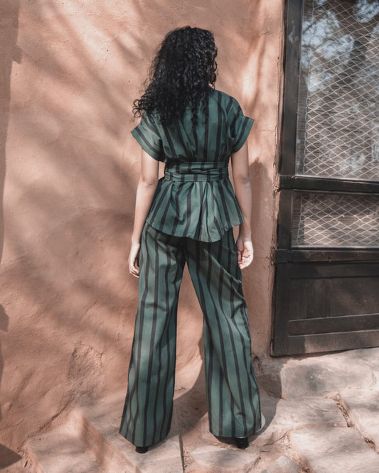 Berlin Shawl collar Top - Green Stripes