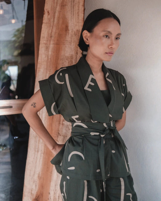 Berlin Shawl collar Top - Green with Line Print