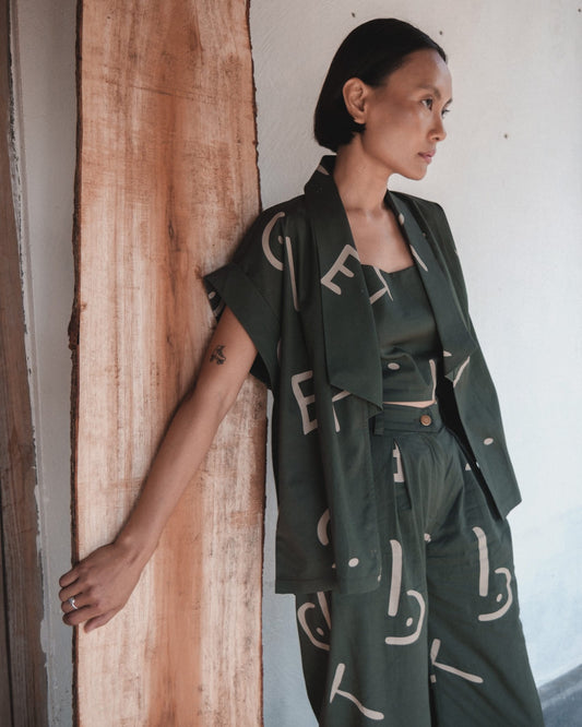 Berlin Shawl collar Top - Green with Line Print