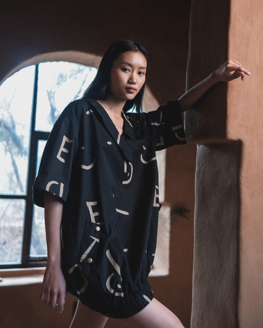 Sydney Shift Dress - Black with Khaki Line Print