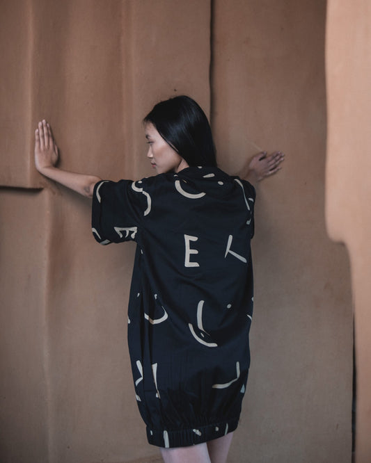 Sydney Shift Dress - Black with Khaki Line Print