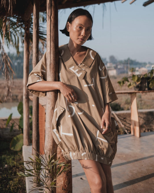 Sydney Shift Dress - Khaki with White Line print